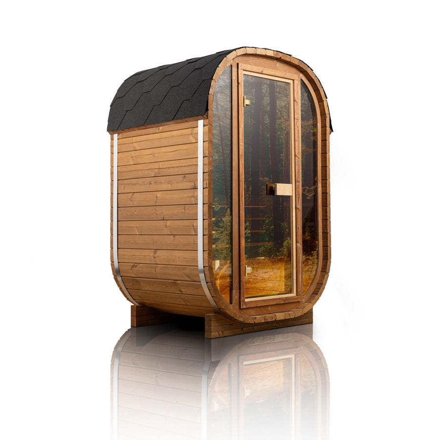 Auris One outdoor cedar sauna, front angle view