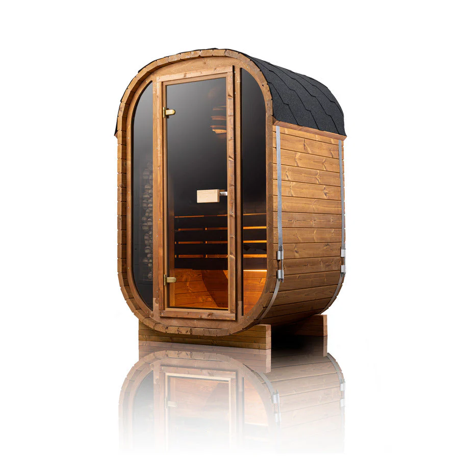 Auris One luxury outdoor cedar barrel sauna, exterior front view