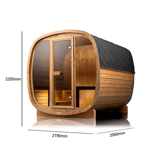 Auris Two luxury outdoor cedar sauna, exterior front view